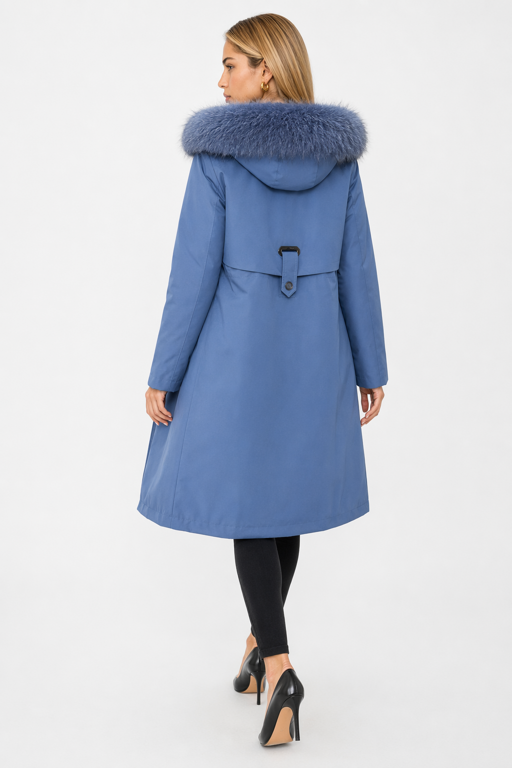 Detachable Faux Fur Lined Women's Long Coat with Hood Blue