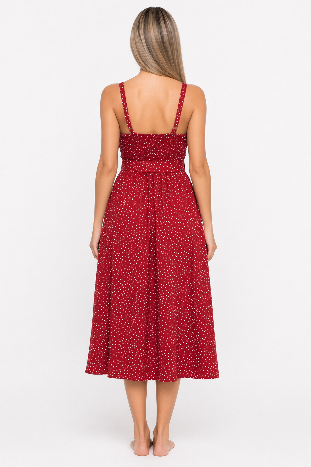 Polka Dot Maxi Dress for Women with Spaghetti Straps Red