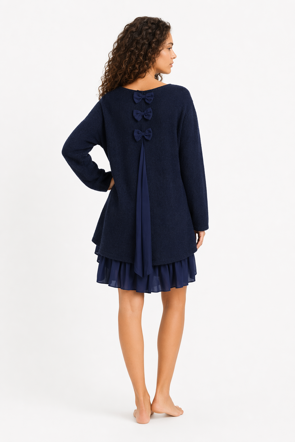 Navy Blue Layered Sweater Tunic Dress with Ruffle Detail for Women Default