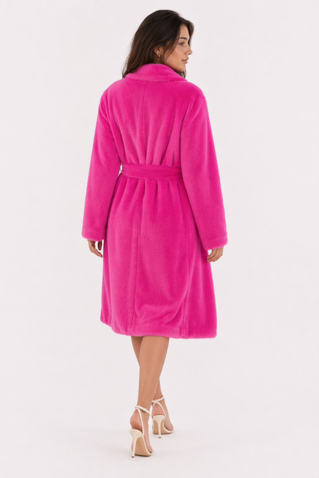 Faux Fur Belted Trench Coat for Women Pink