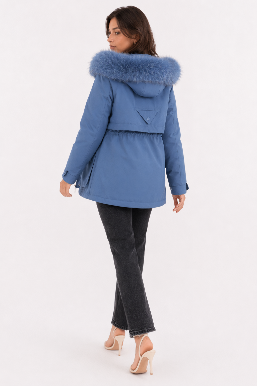 Faux Fur Hooded Women's Jacket with Adjustable Waist Tie Blue