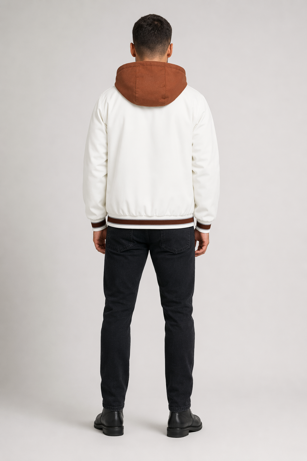 Layered Appearance Men's Baseball Jacket Featuring a Hood White