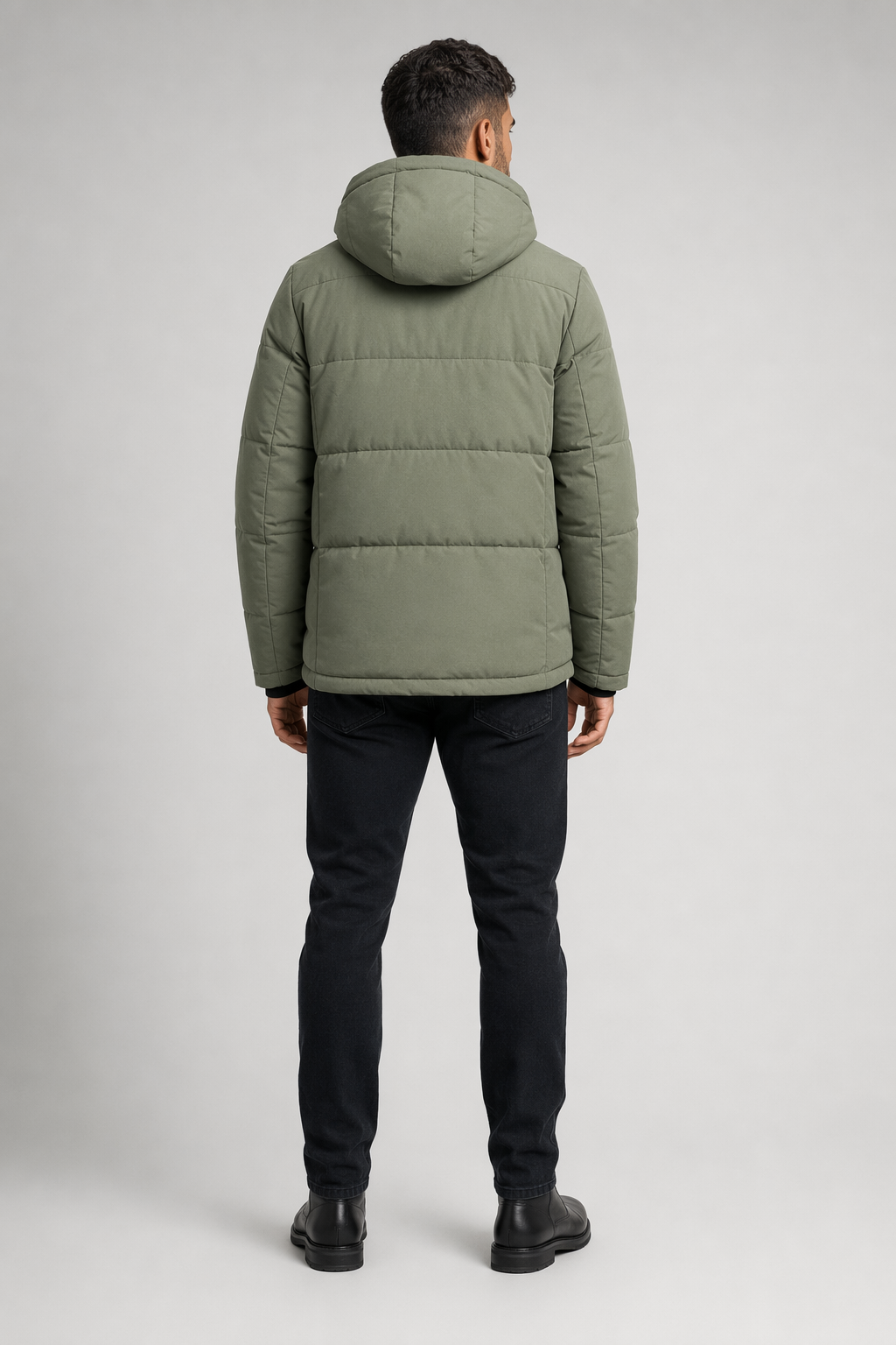 High Collar Men's Puffer Jacket with Detachable Hood Green