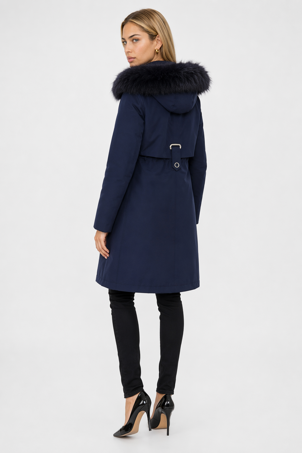 Detachable Faux Fur Lined Women's Long Coat with Hood Navy