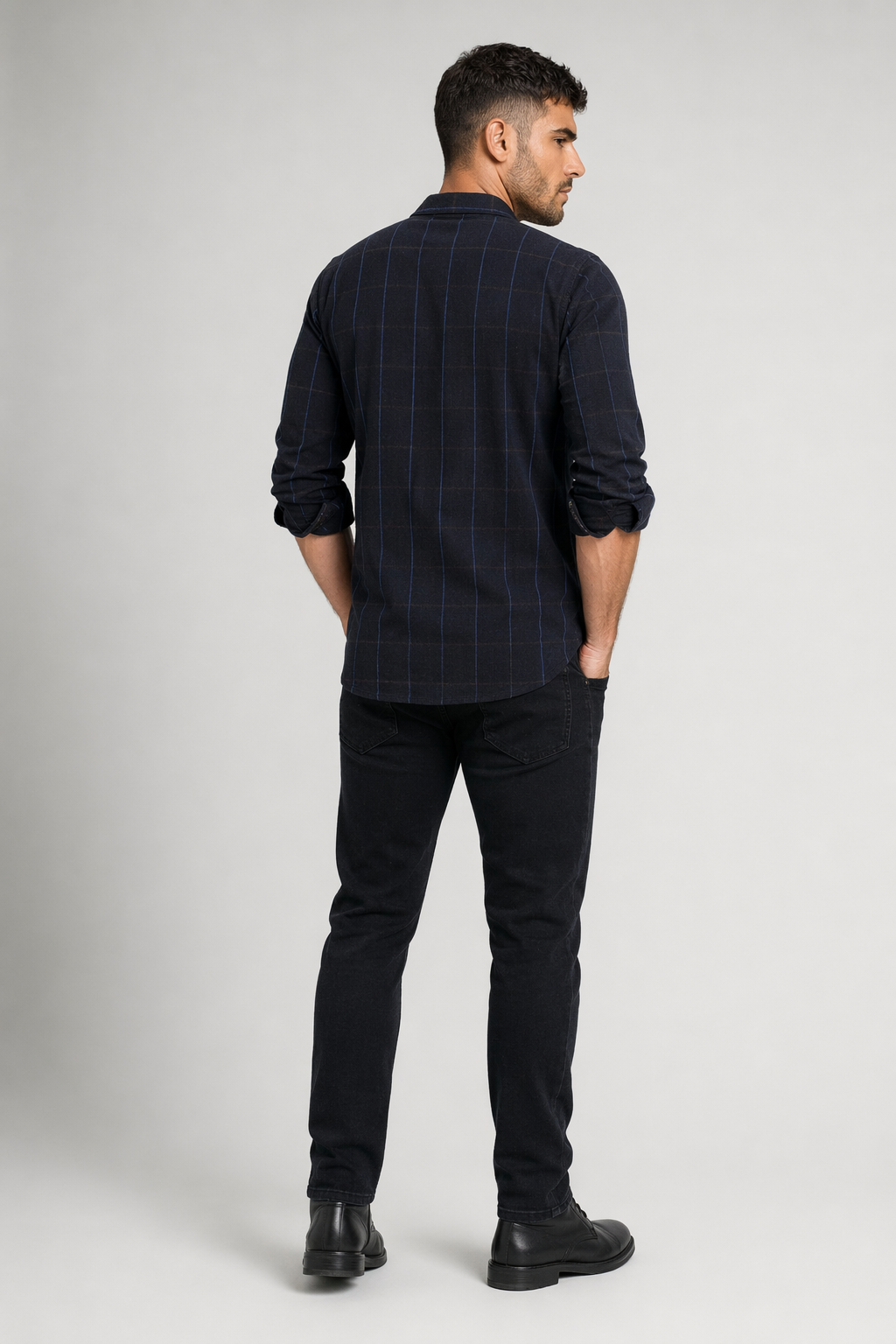 Long Sleeve Plaid Shirt for Men Navy