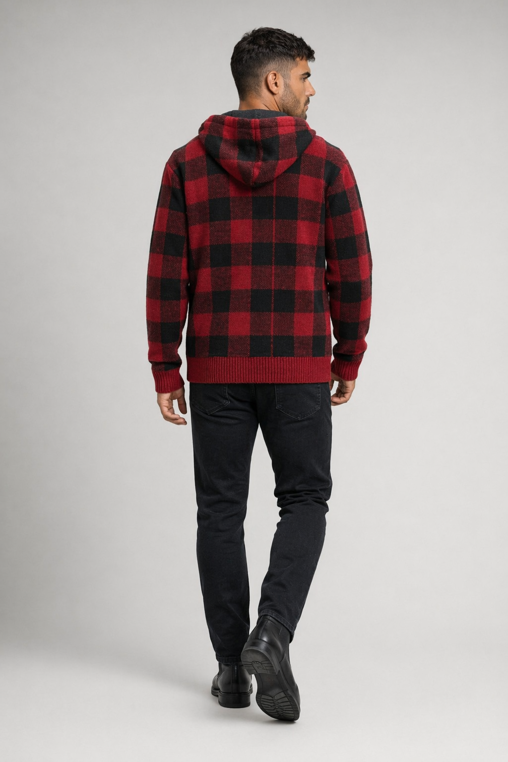 Plaid Zip-Up Jacket for Men with a Hood Red