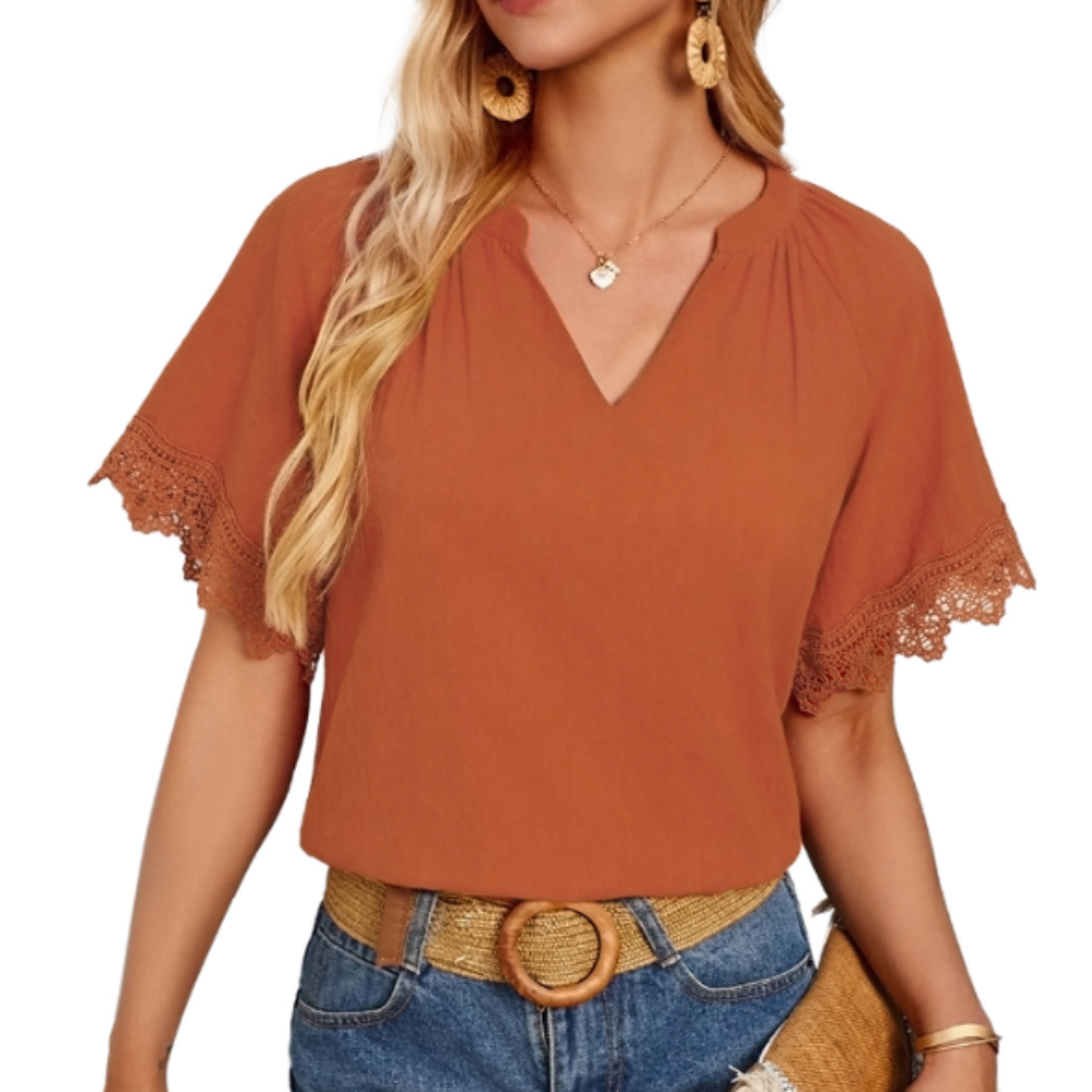 Ladies' V-Neck Tee with Delicate Lace Accents