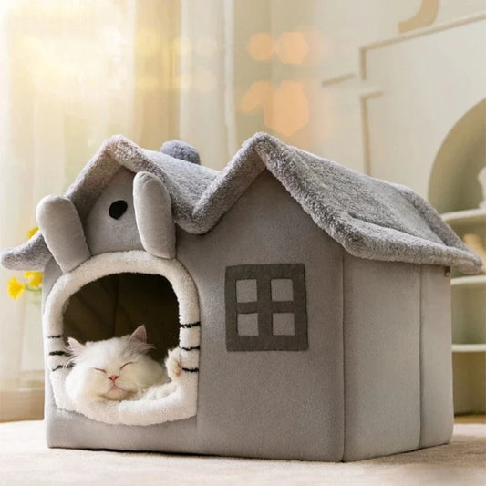 Plush Pet House with Detachable Roof: gray, white cat-themed house with a cat inside, cute cartoon/kawaii style