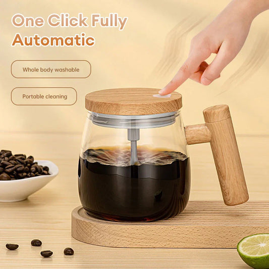 Self-Mixing Glass Coffee Mug, 400ml: clear, light wood brown automatic coffee stirring/mixing cup, minimal modern style