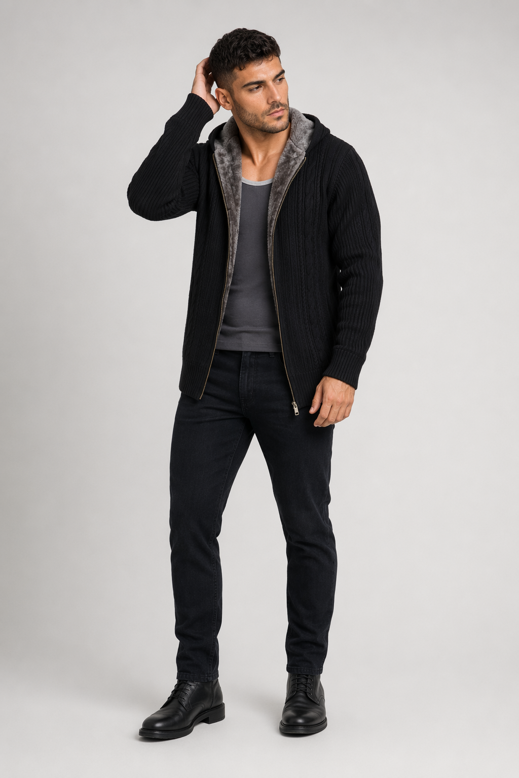 Layered Inner Mens Hooded Cardigan Black