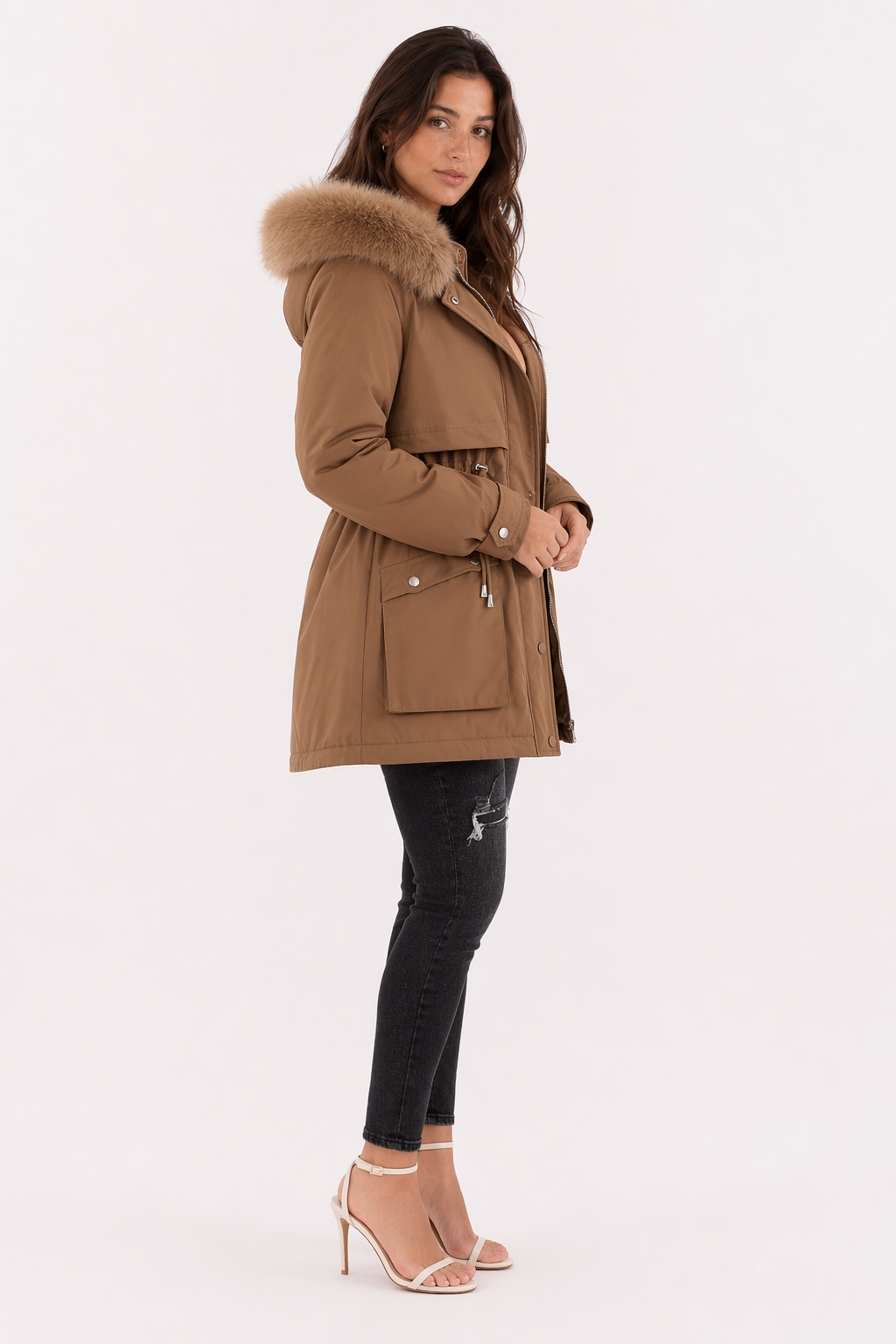 Faux Fur Hooded Women's Jacket with Adjustable Waist Tie Brown
