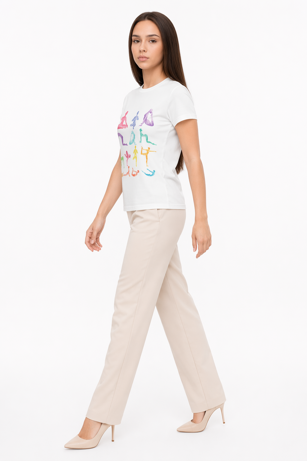 Short Sleeve Tee Featuring Yoga Postures Print White