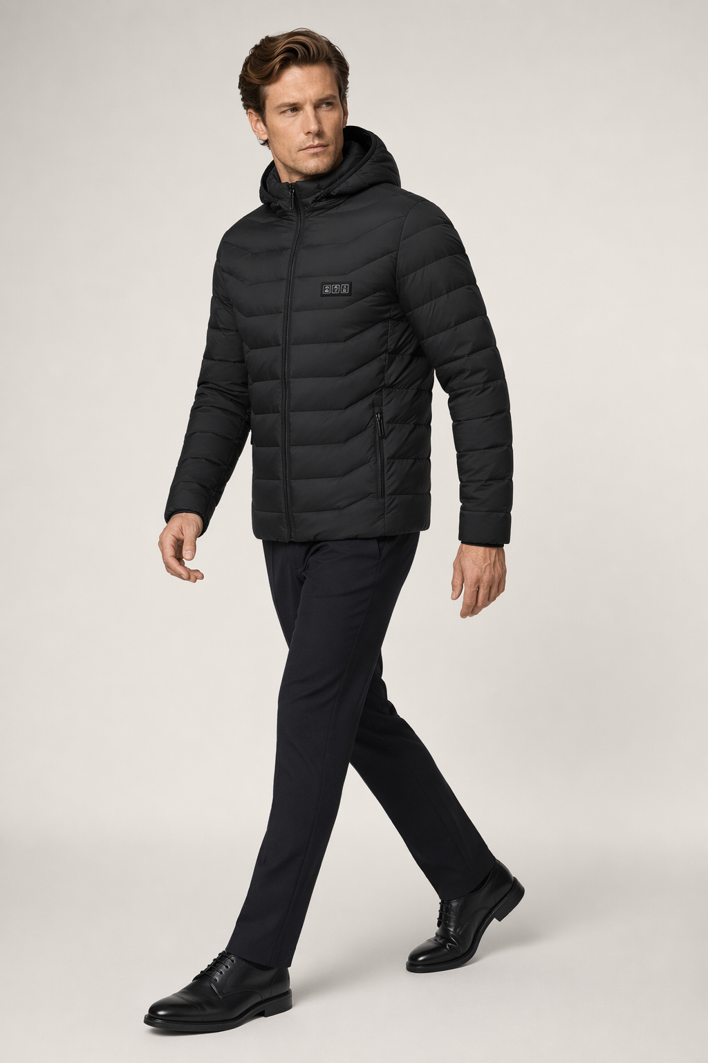 Winter Coat with Detachable Hood and USB-Powered Heating Element for Wind Resistance Black