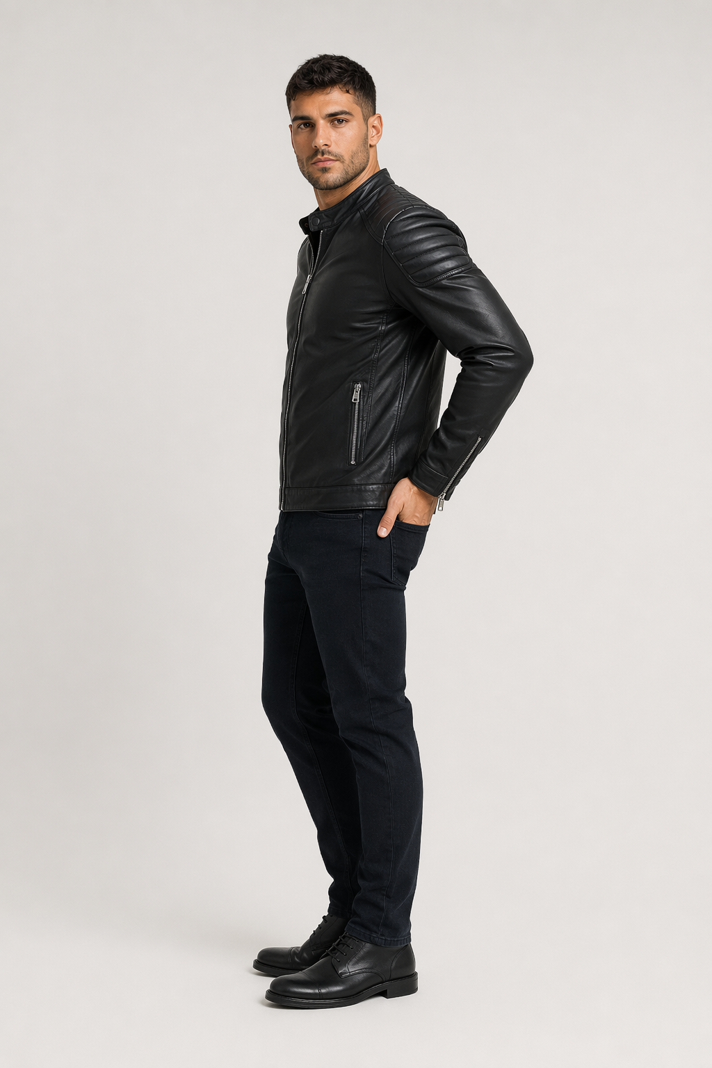Slim-Fit Faux Leather Motorcycle Jacket for Men Default