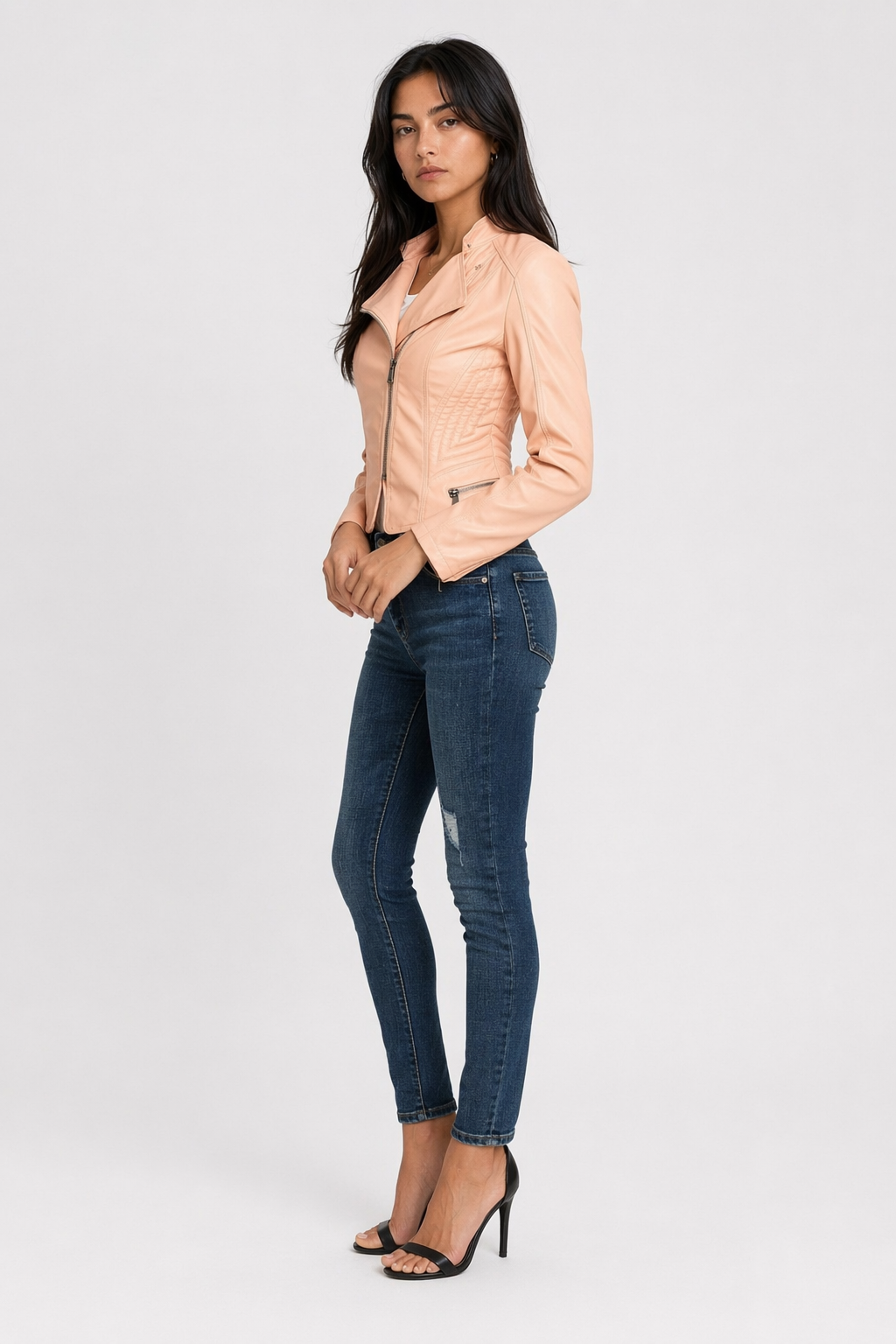Cropped Motorcycle Jacket for Women with Zipper Accents Pink