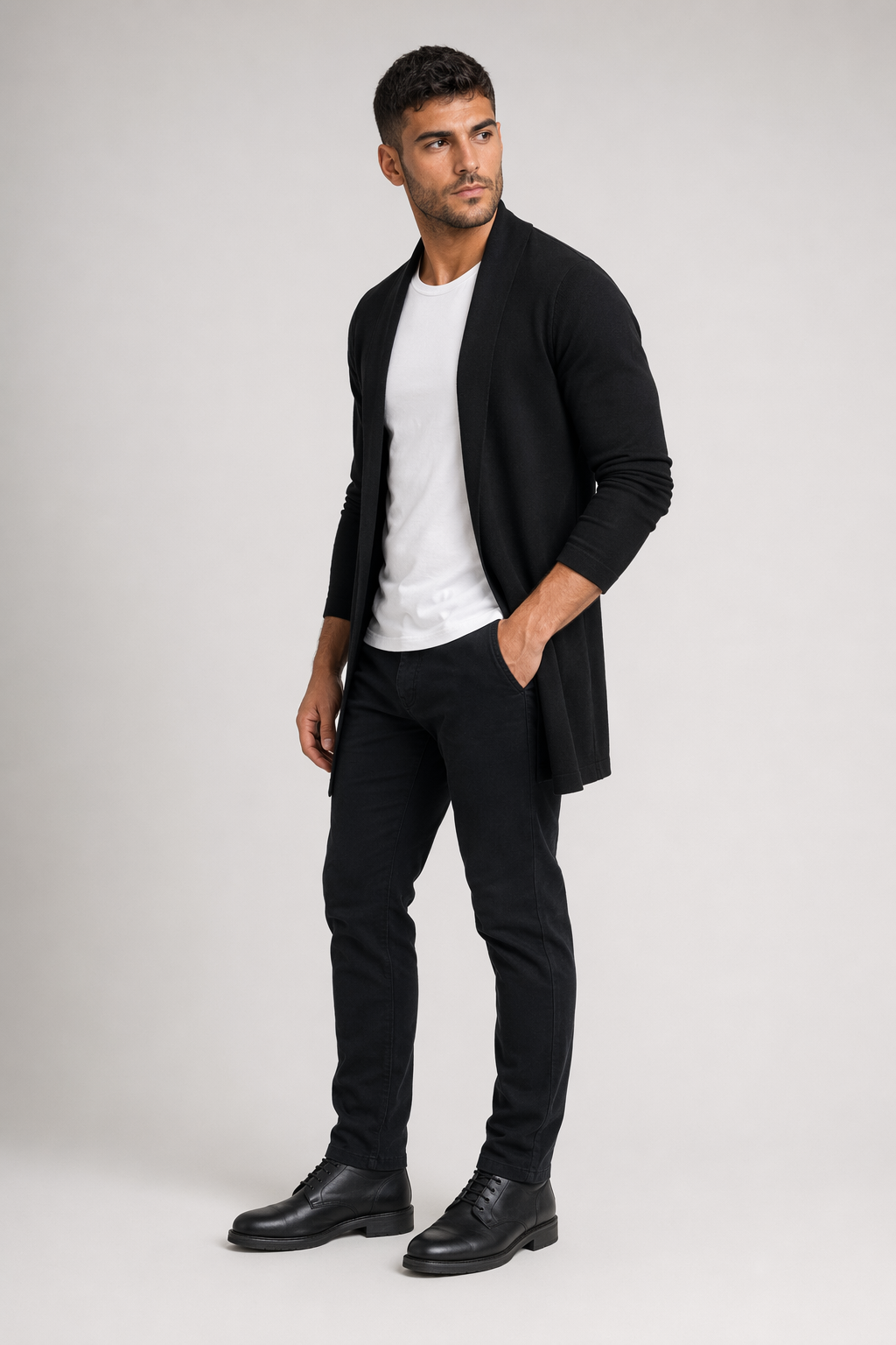 Black Shawl Collar Cardigan for Men with Mid Length Default