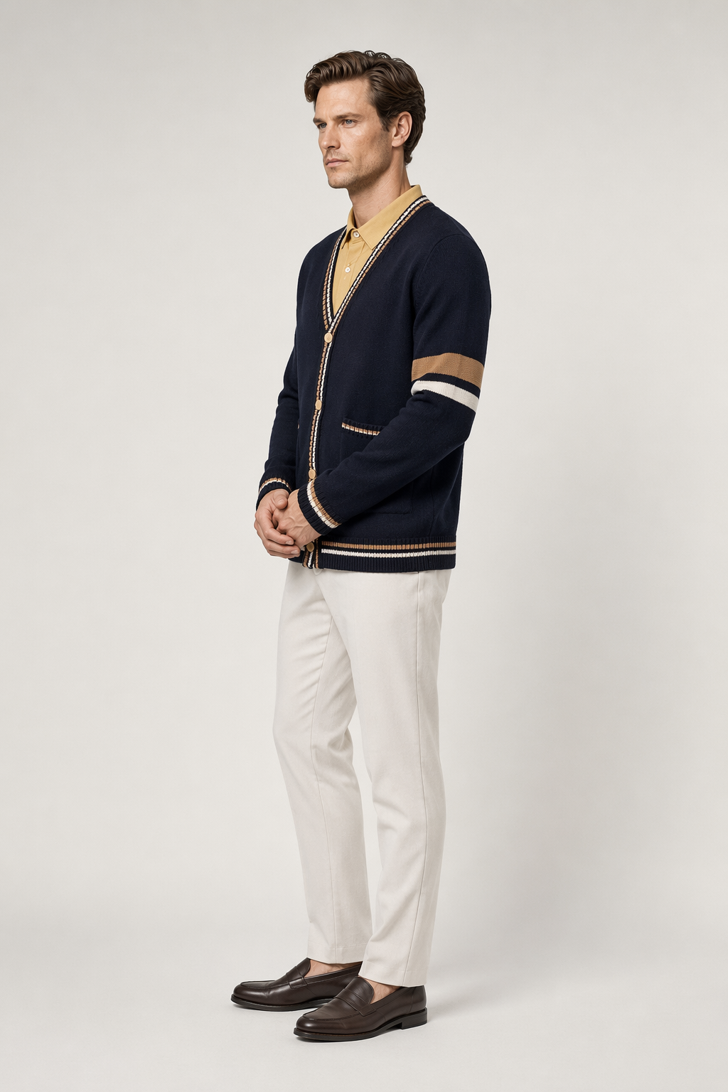 Men's Cardigan with Front Pockets - V Neck Design Navy