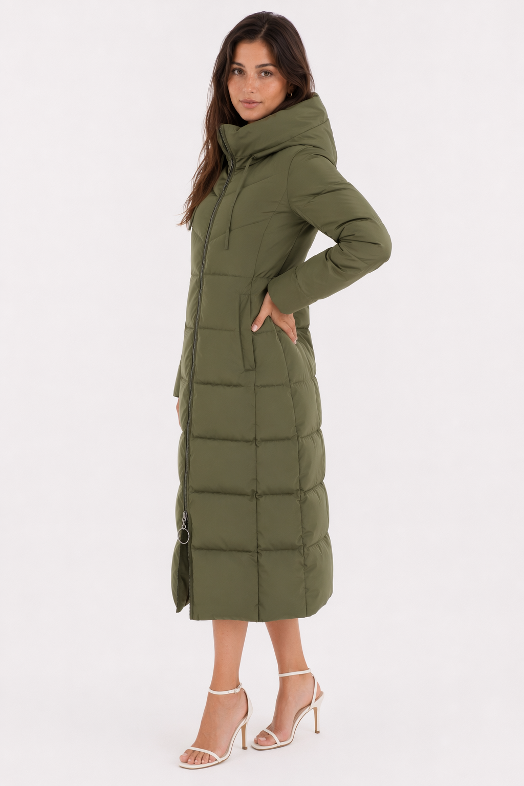 Long Army Green Hooded Women's Puffer Jacket Default