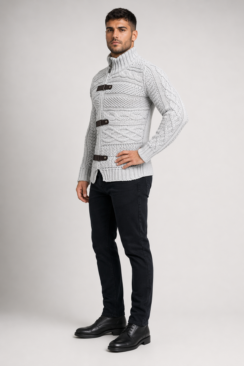 Slim Fit High Collar Men's Cardigan Light Gray