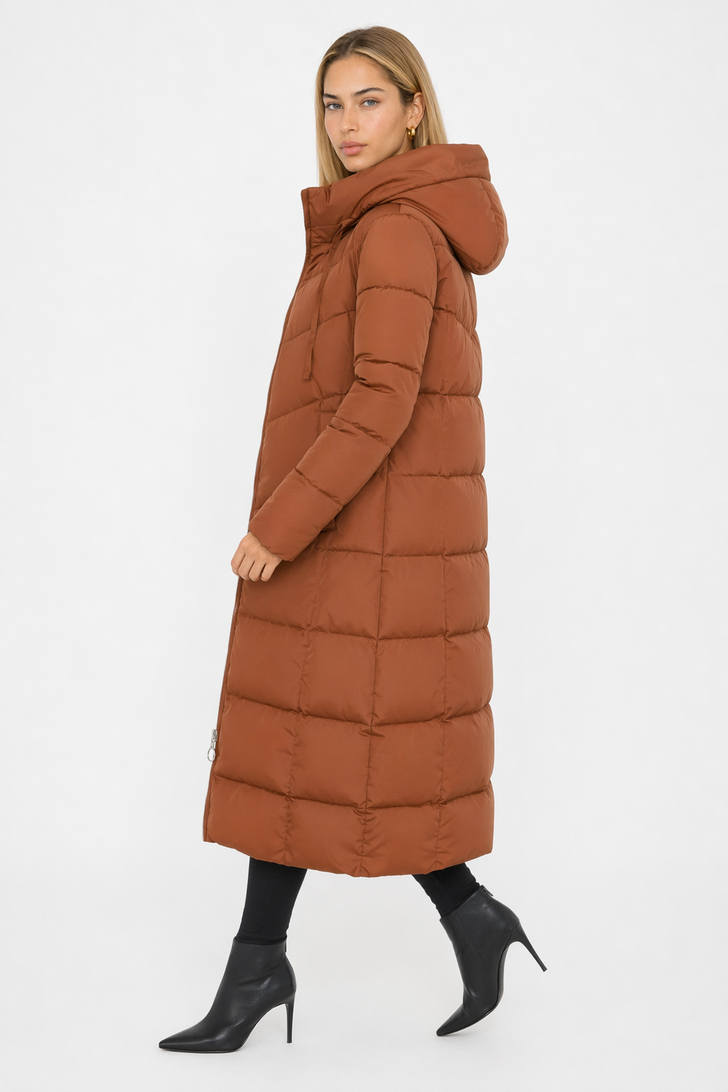 Brown Long Hooded Puffer Coat for Women with a Classic Look Default