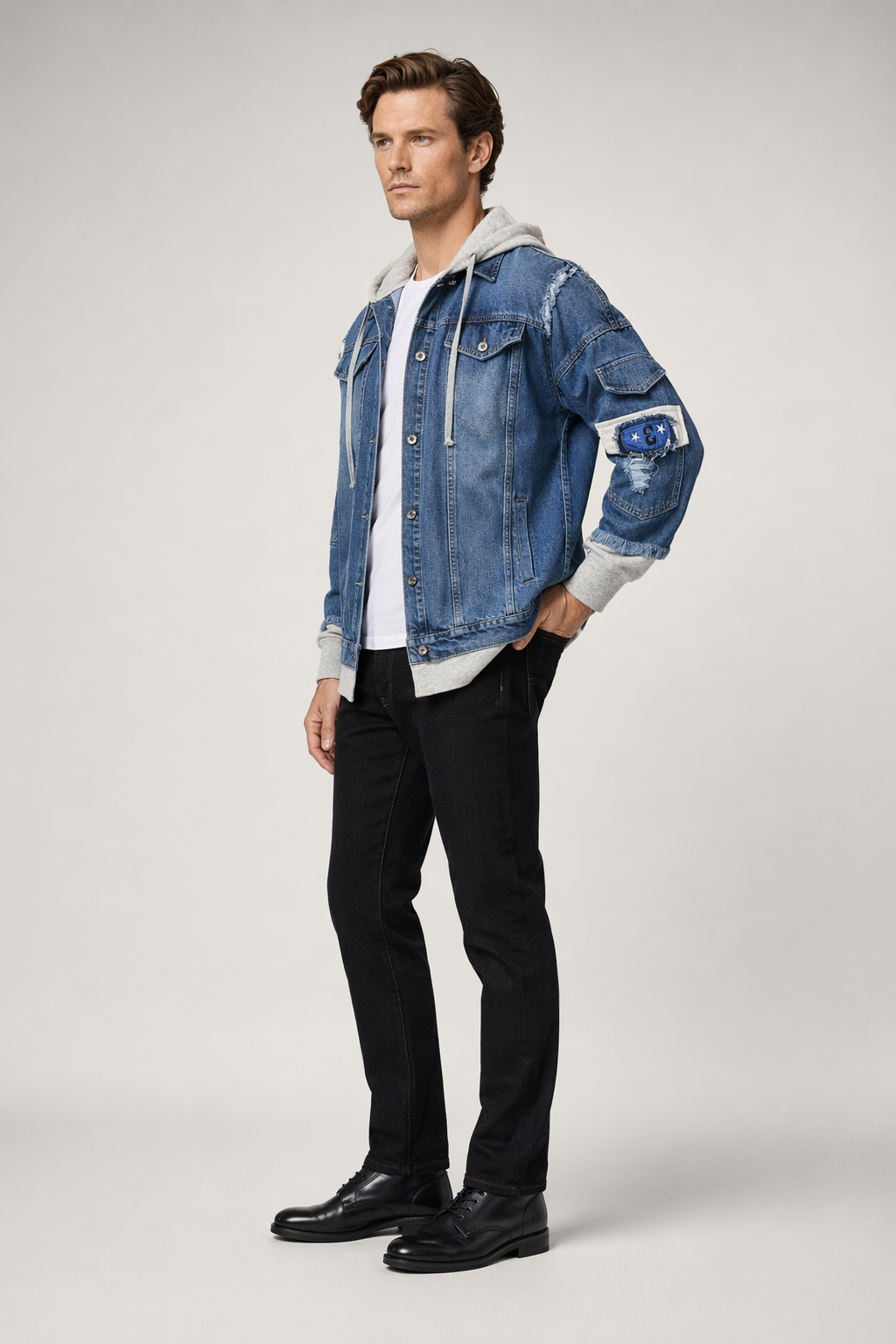 Layered Look Men's Denim Jean Jacket with Hood Default