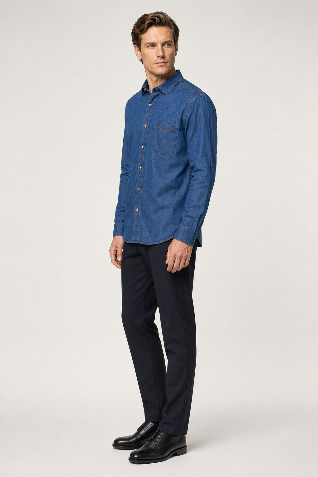 Casual Denim Button-Front Shirt for Men Blue