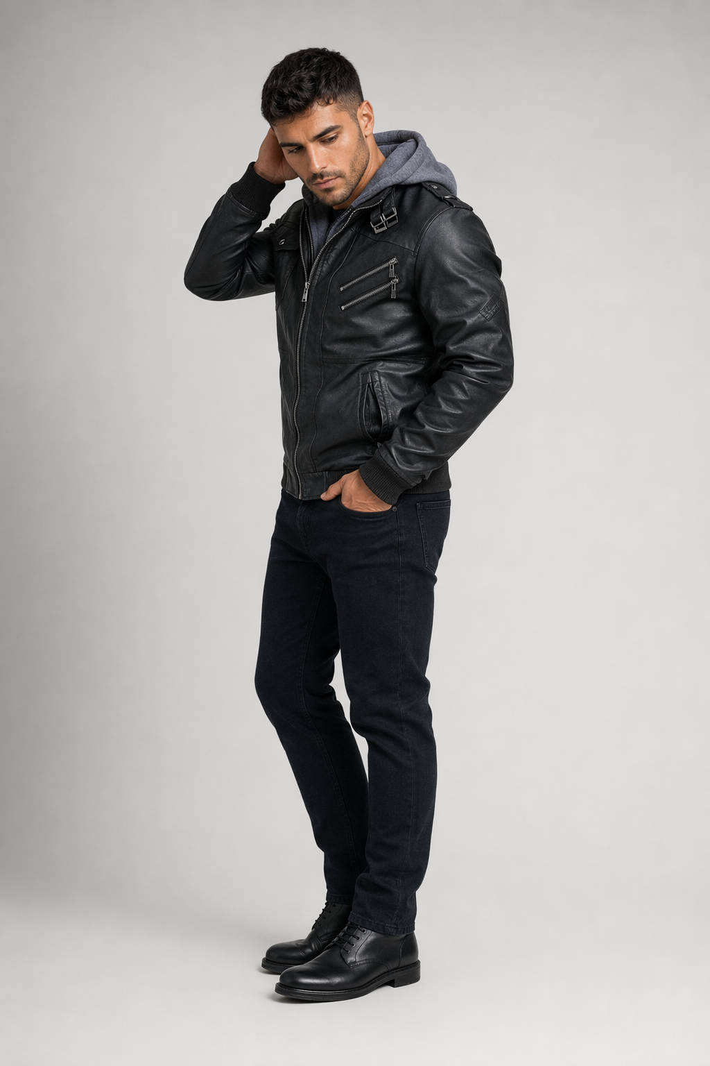Faux Leather Biker Hooded Jacket for Men Default