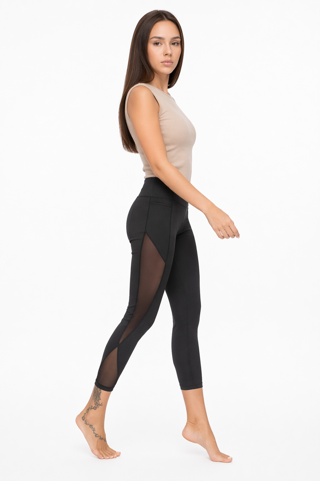 Lace-Trimmed Mesh Yoga Leggings for Women with Elastic Waist Default
