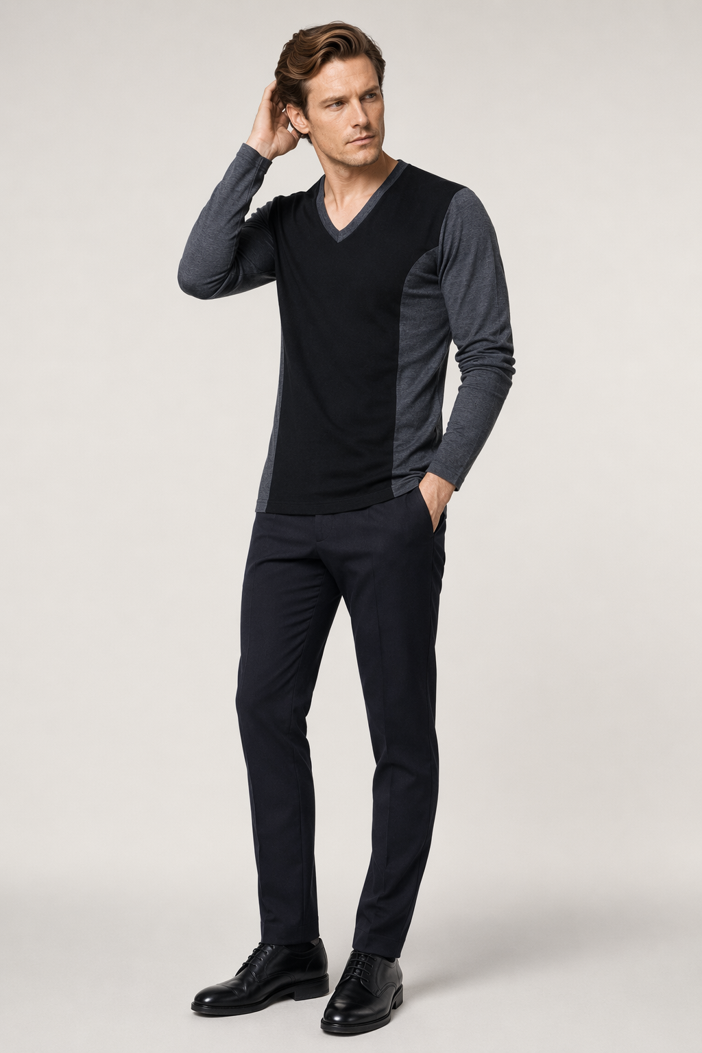 Dual Tone V-Neck Long Sleeve Men's Top Default