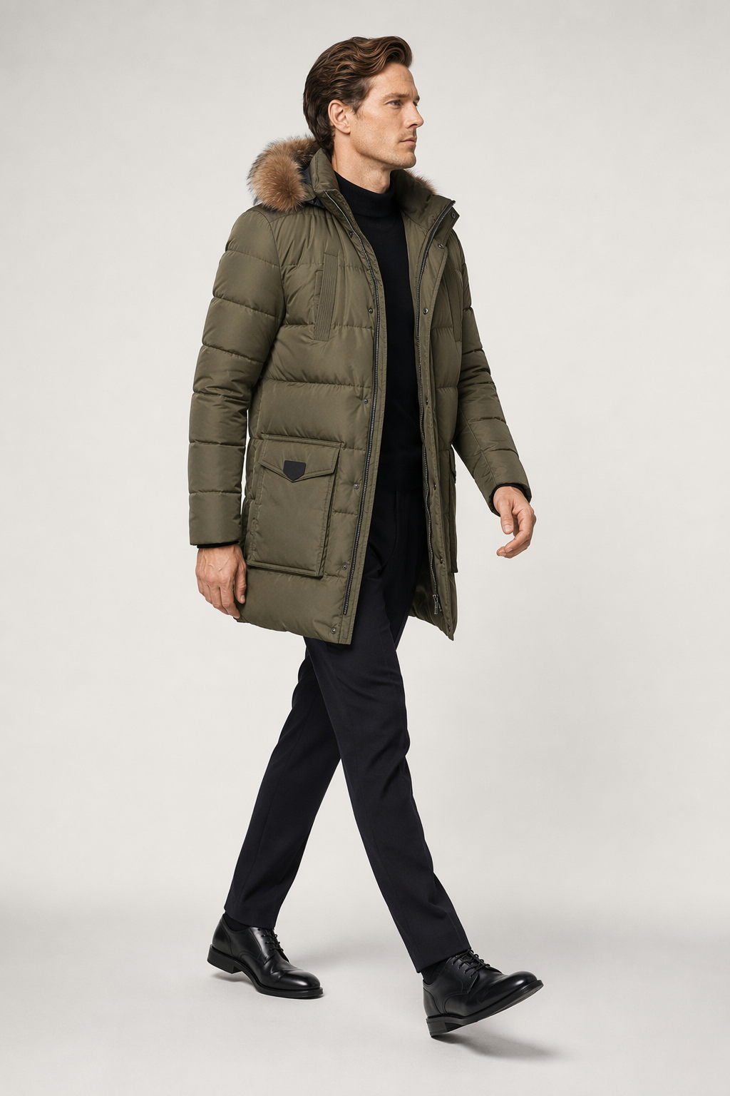 Classic Black Winter Coat with Faux Fur Hood, Inspired by Military Style Default
