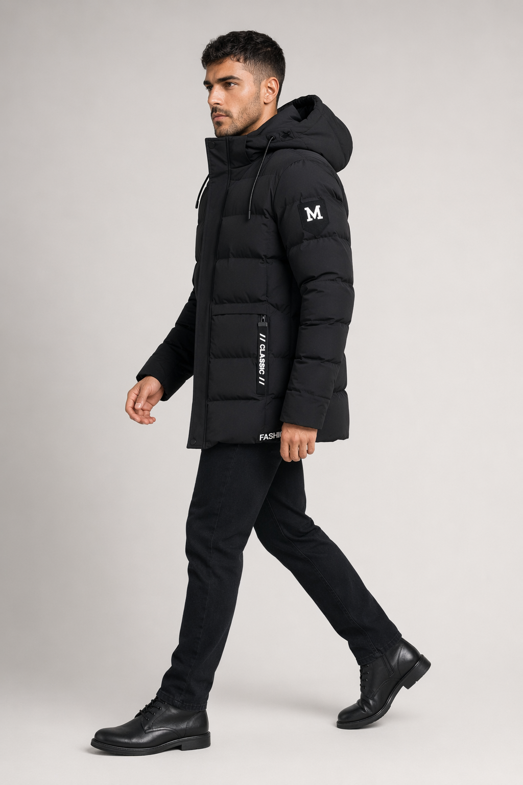 High Collar Men's Puffer Jacket with Detachable Hood Black