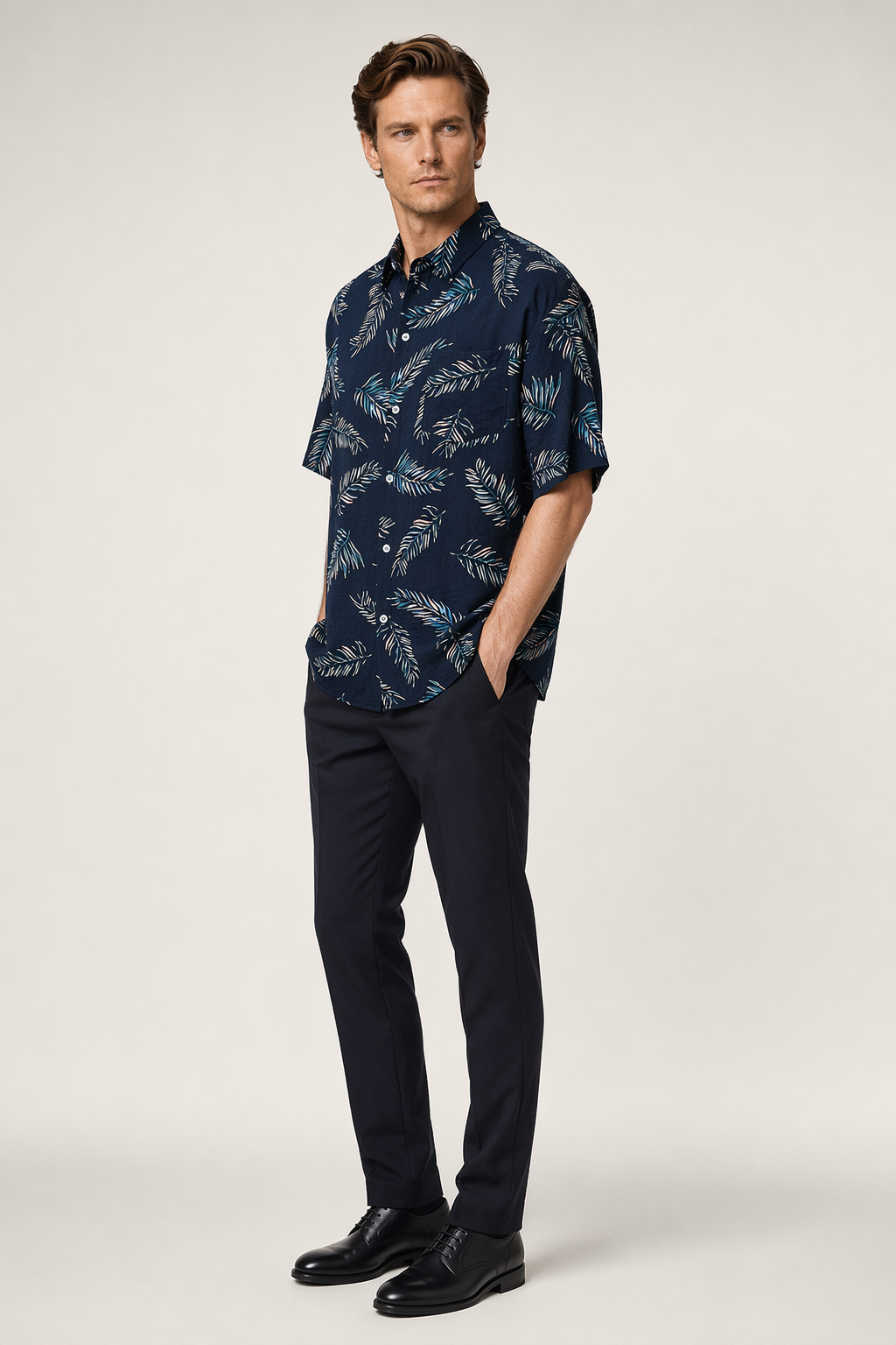 Oversized Navy Floral Hawaiian Shirt for Men Default