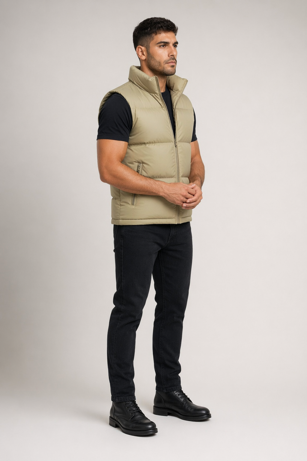 Khaki Winter Puffer Vest with Zipper for Men Default