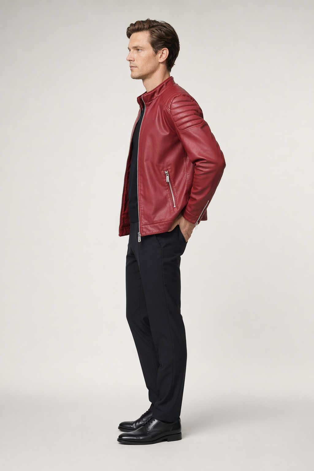 Slim-Fit Red Faux Leather Biker Jacket for Men Default