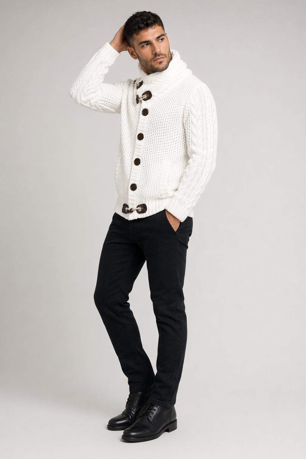 Horn Button Men's Cardigan with Shawl Collar White