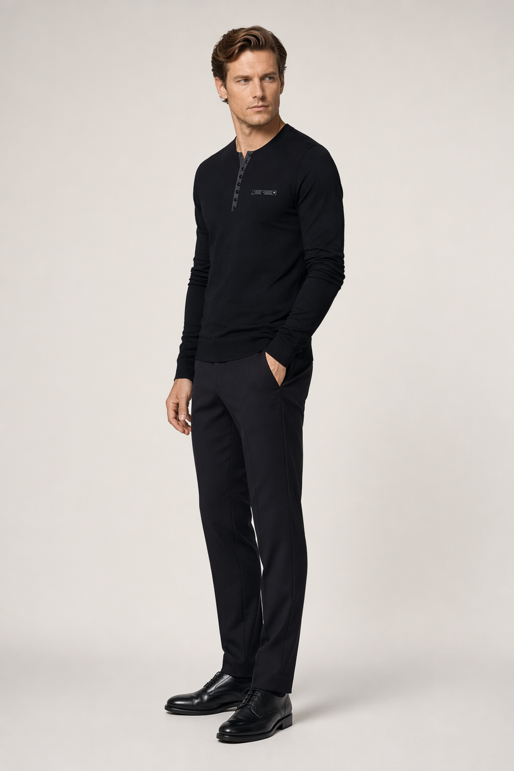 Buttons-Adorned Casual Men's Top Black