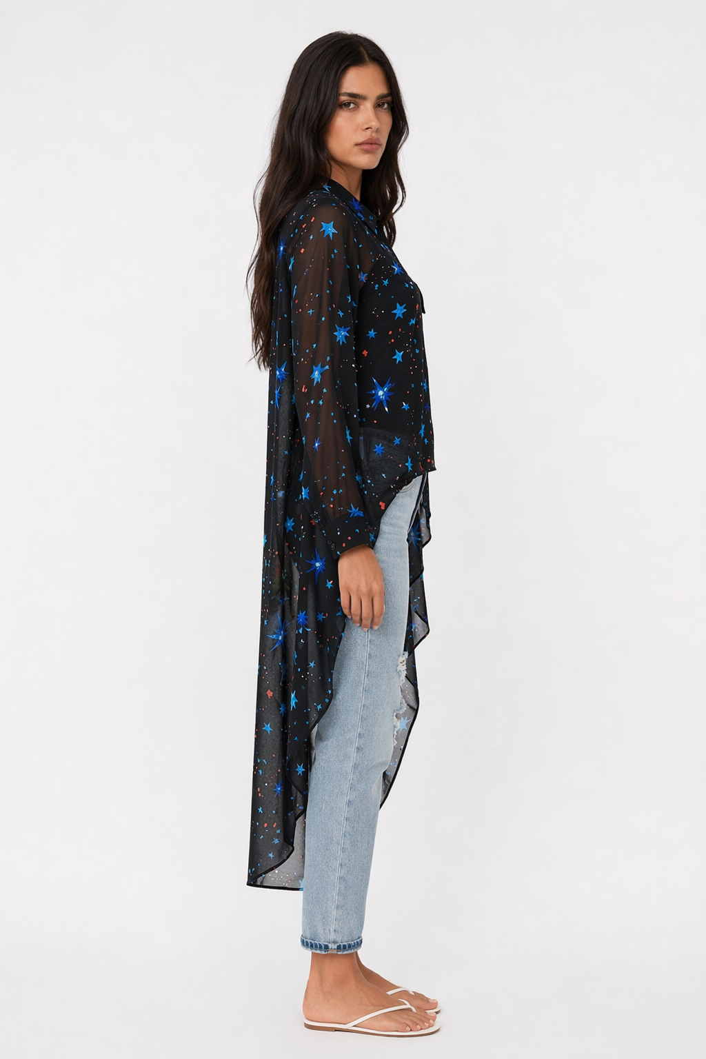 Black Asymmetrical Long Chiffon Top for Women Default