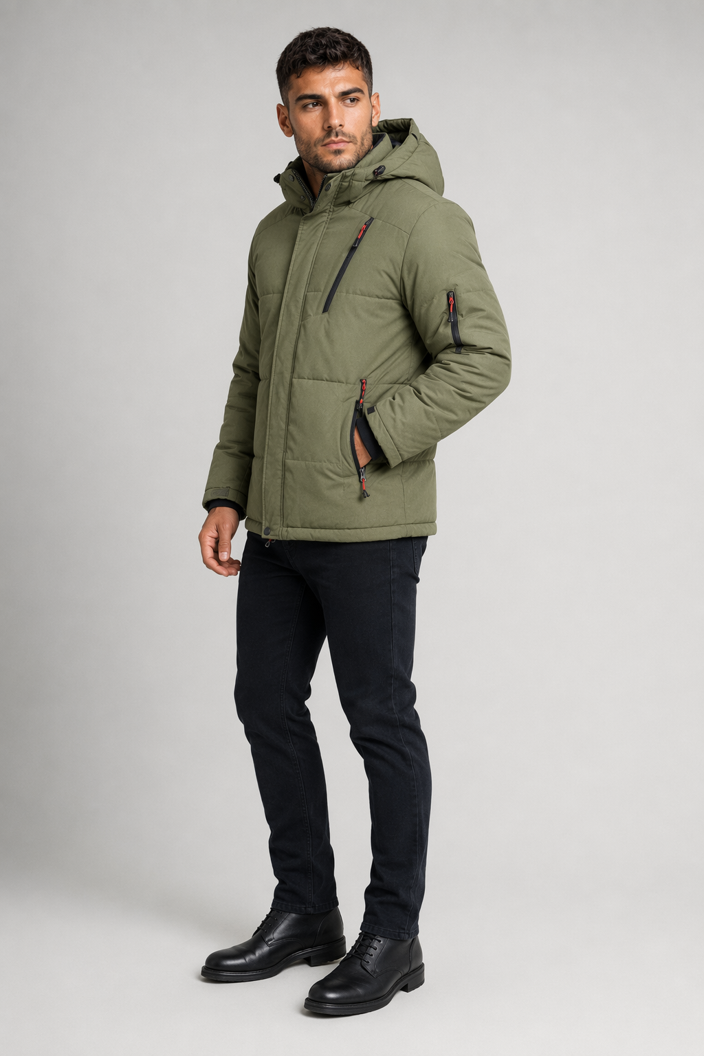 High Collar Men's Puffer Jacket with Detachable Hood Green