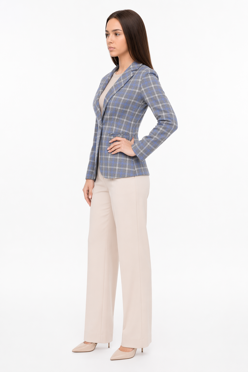 Slim Fit Checkered Blazer for Women Light Blue