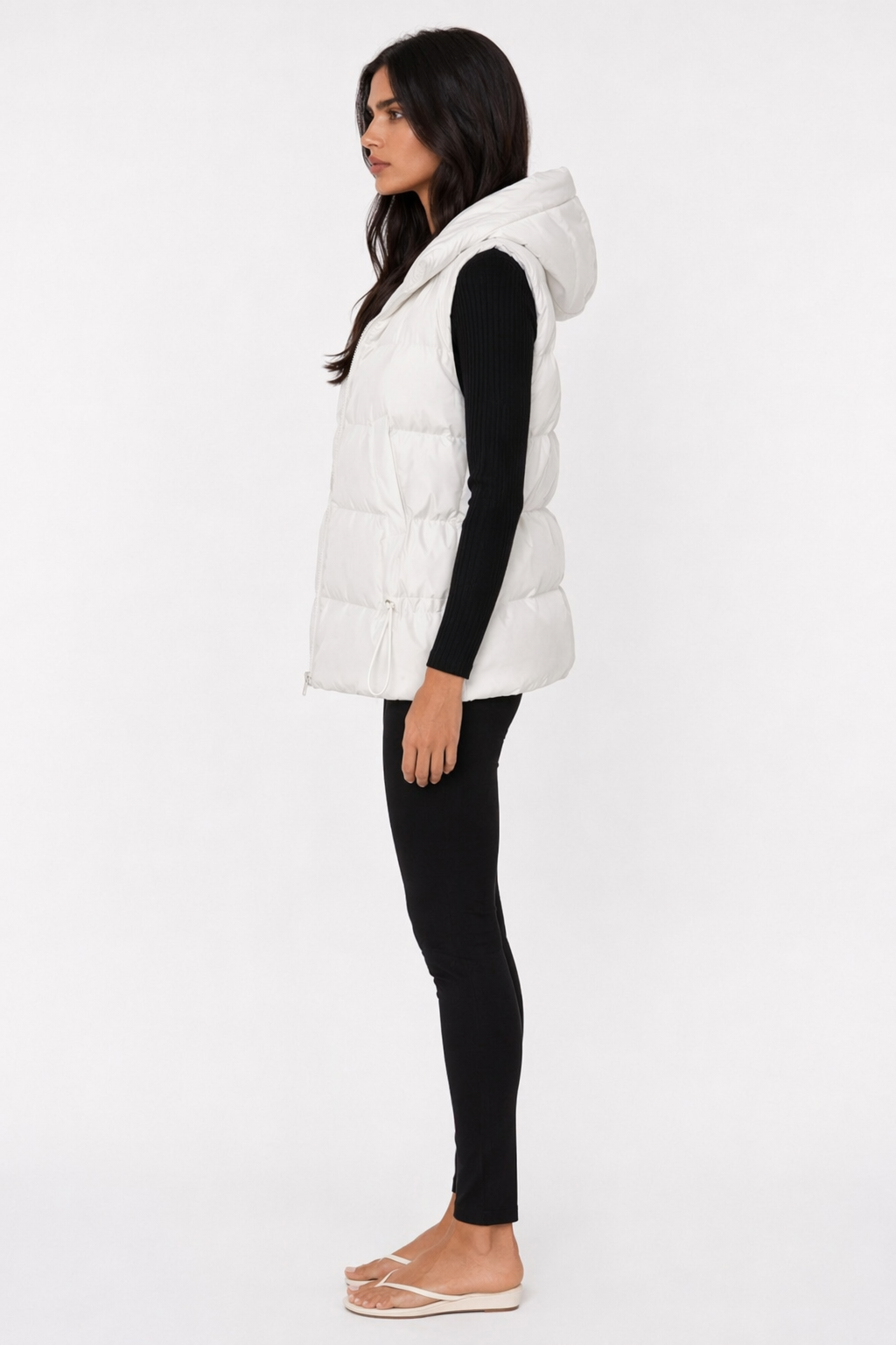 White Women's Puffer Vest with Zipper Closure and Hood Default