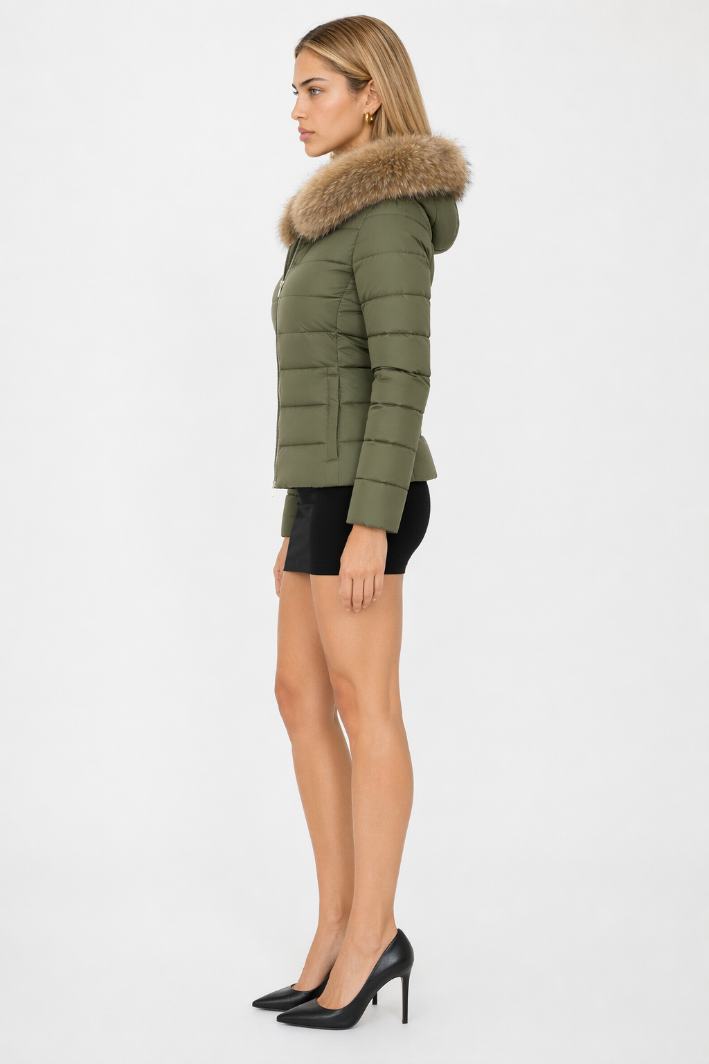 Army Green Slim Fit Hooded Zip Up Winter Short Coat for Women Default