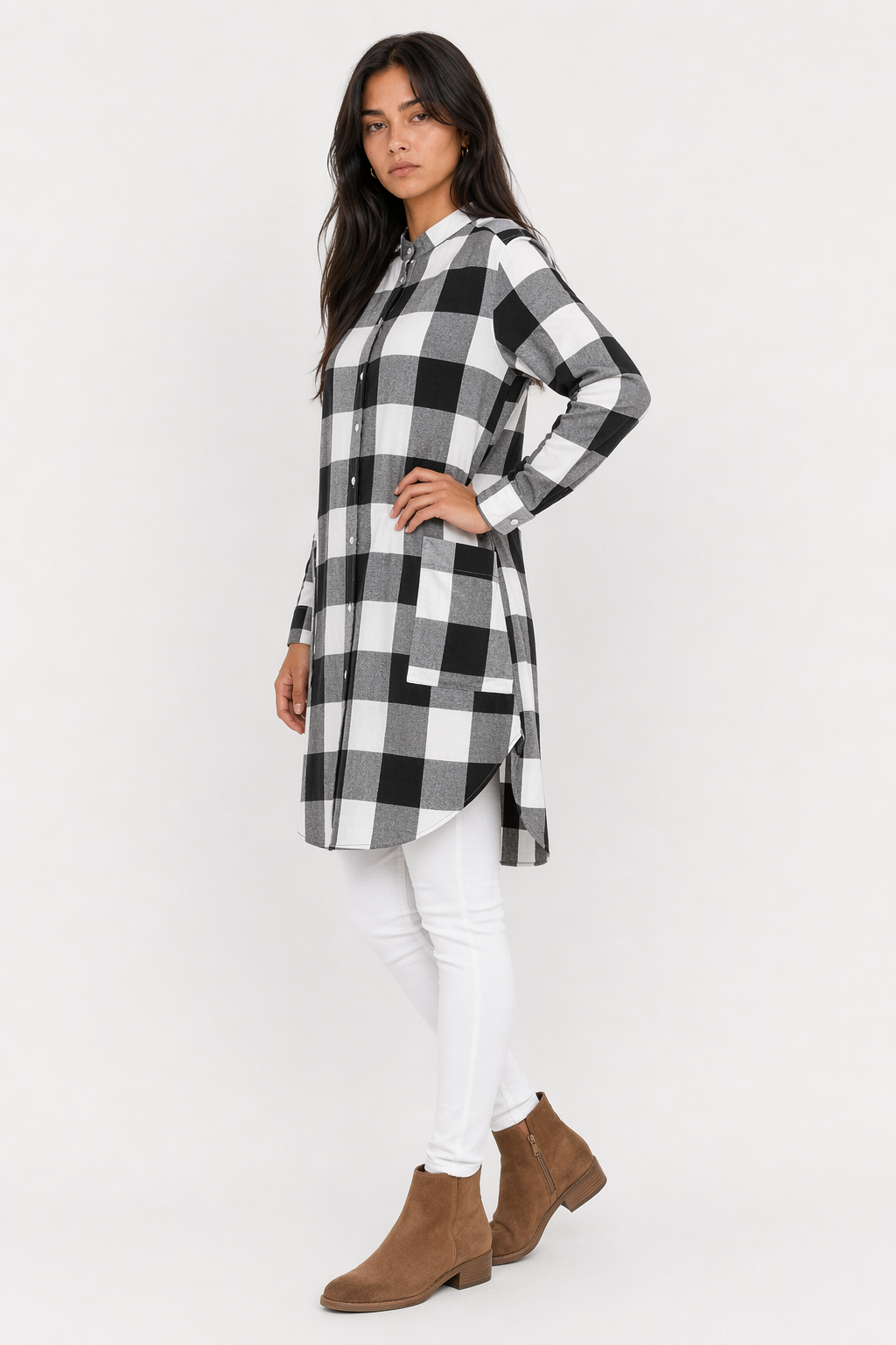 Long Checkered Women's Shirt featuring Pockets Black