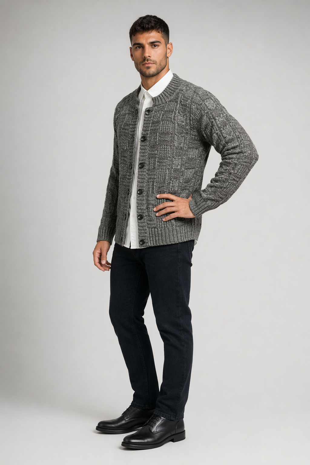 Khaki Button Front Crew Neck Men's Cardigan Default