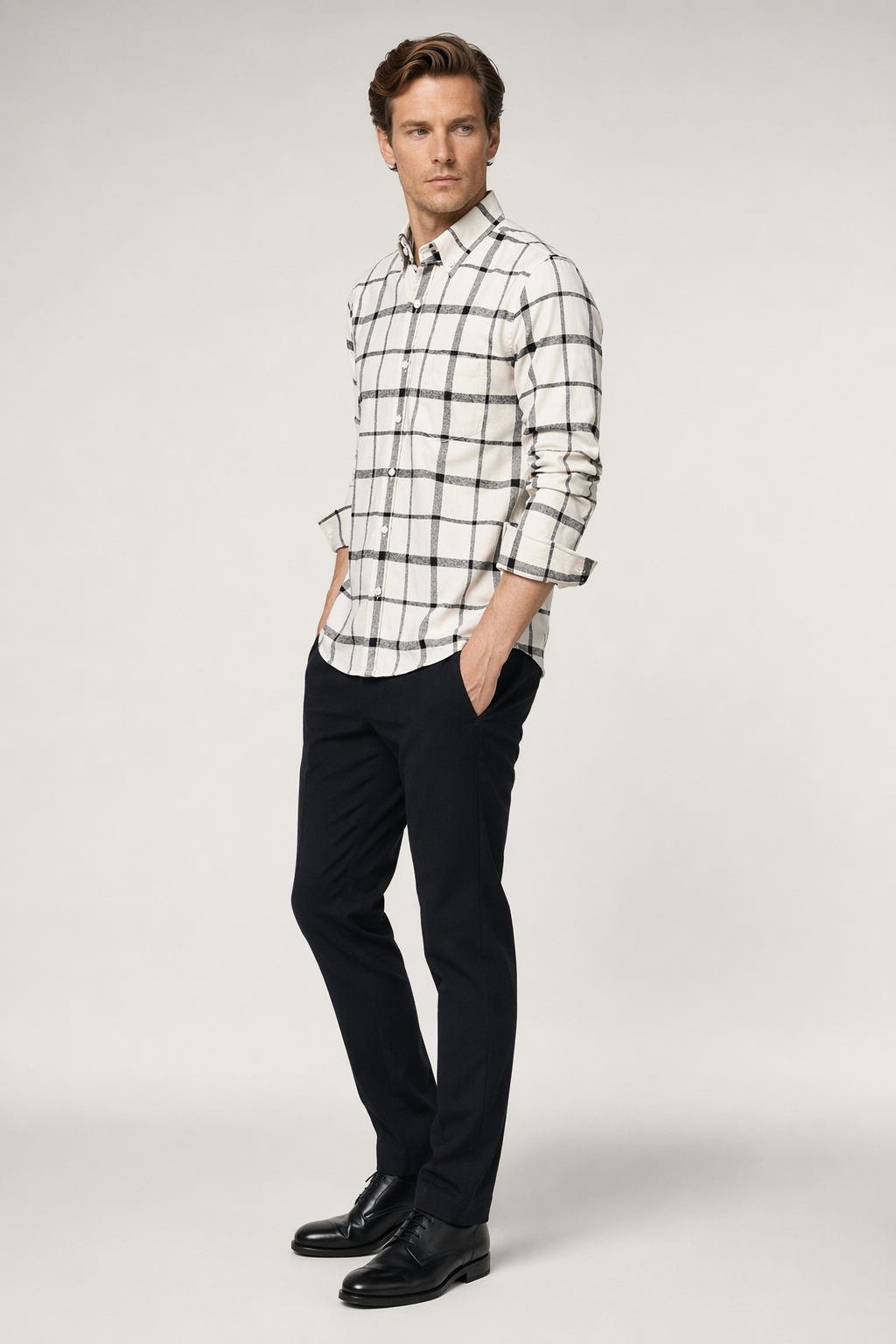 Checkered Beige Cotton Shirt with Long Sleeves for Men Default