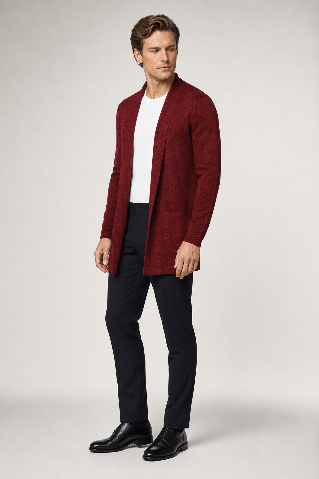 Red Shawl Collar Cardigan for Men with a Mid Length Fit Default