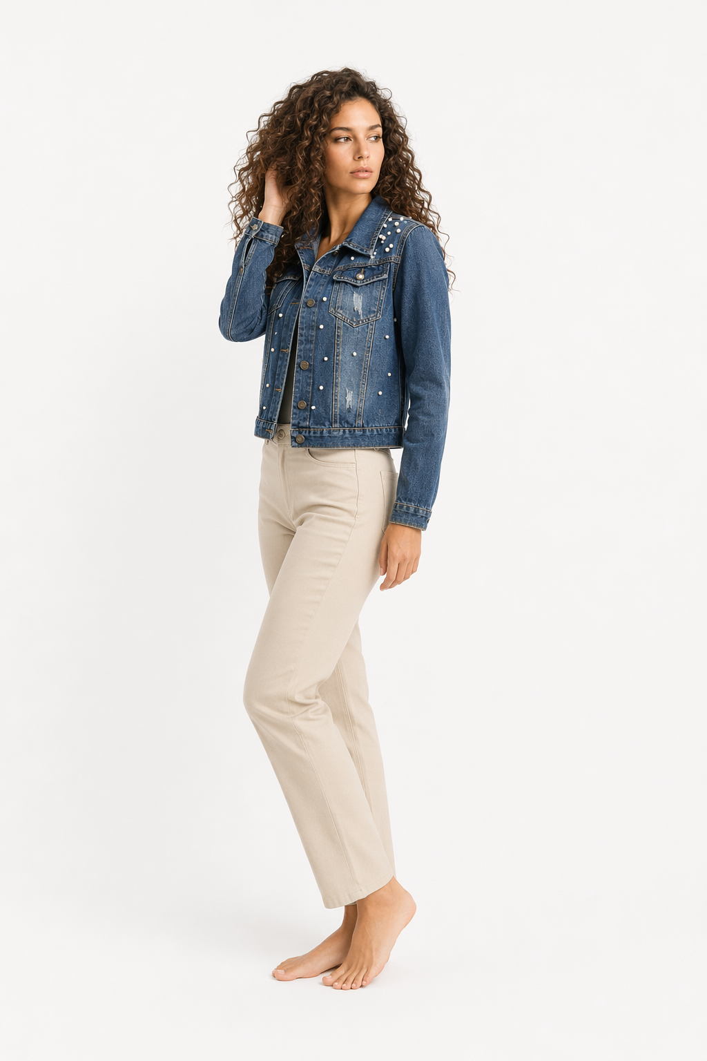 Denim Jacket for Women Adorned with Pearls Default