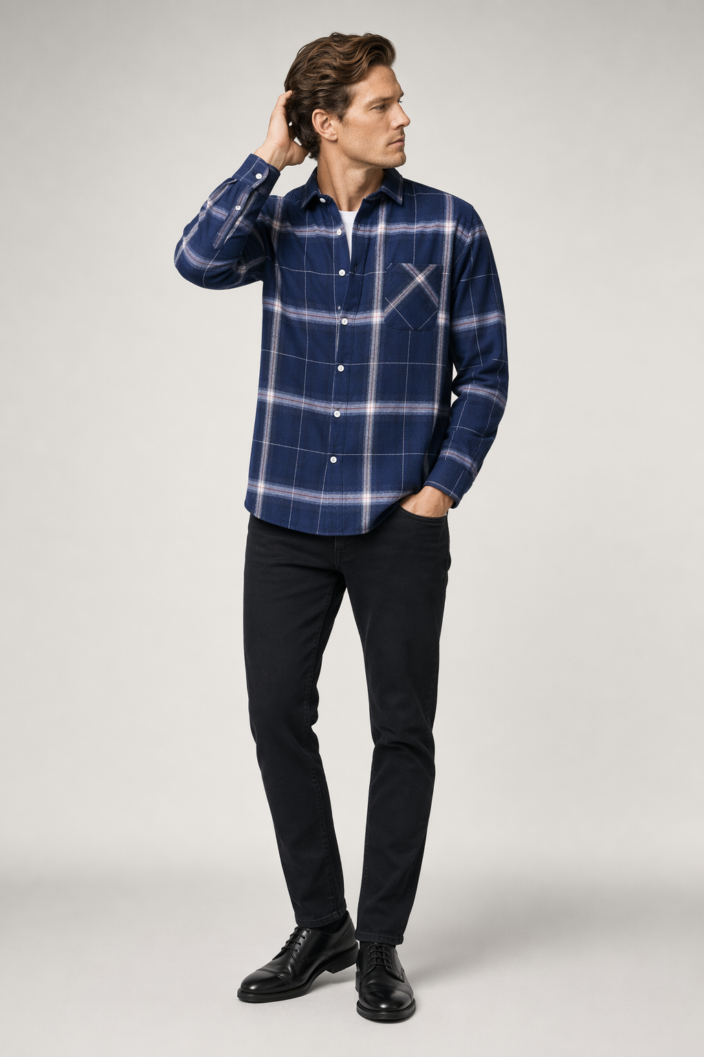 Blue Plaid Button Front Long Sleeve Men's Casual Shirt Default
