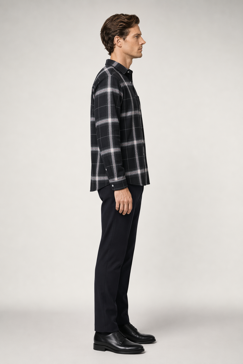 Casual Plaid Button-Front Shirt for Men in Black Default
