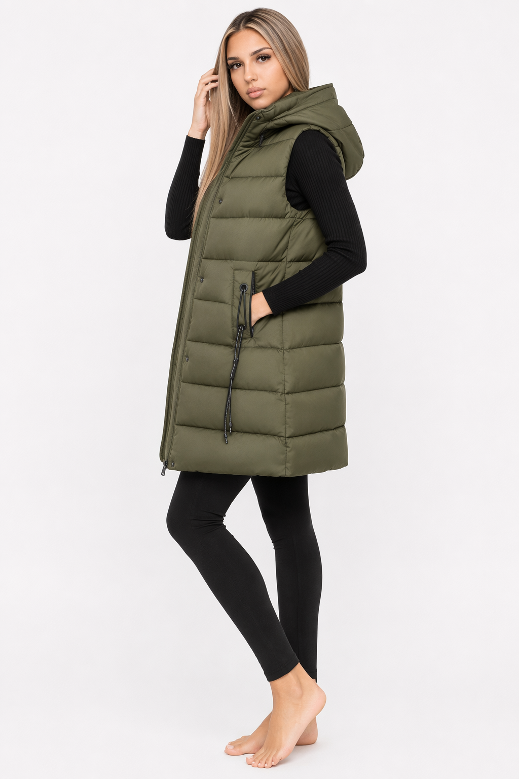 Army Green Puffer Vest with High Collar and Hood for Women's Winter Wear Default