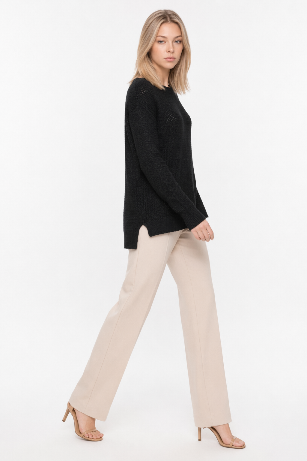 Black Round Neck Sweater for Women with a Relaxed Fit Default